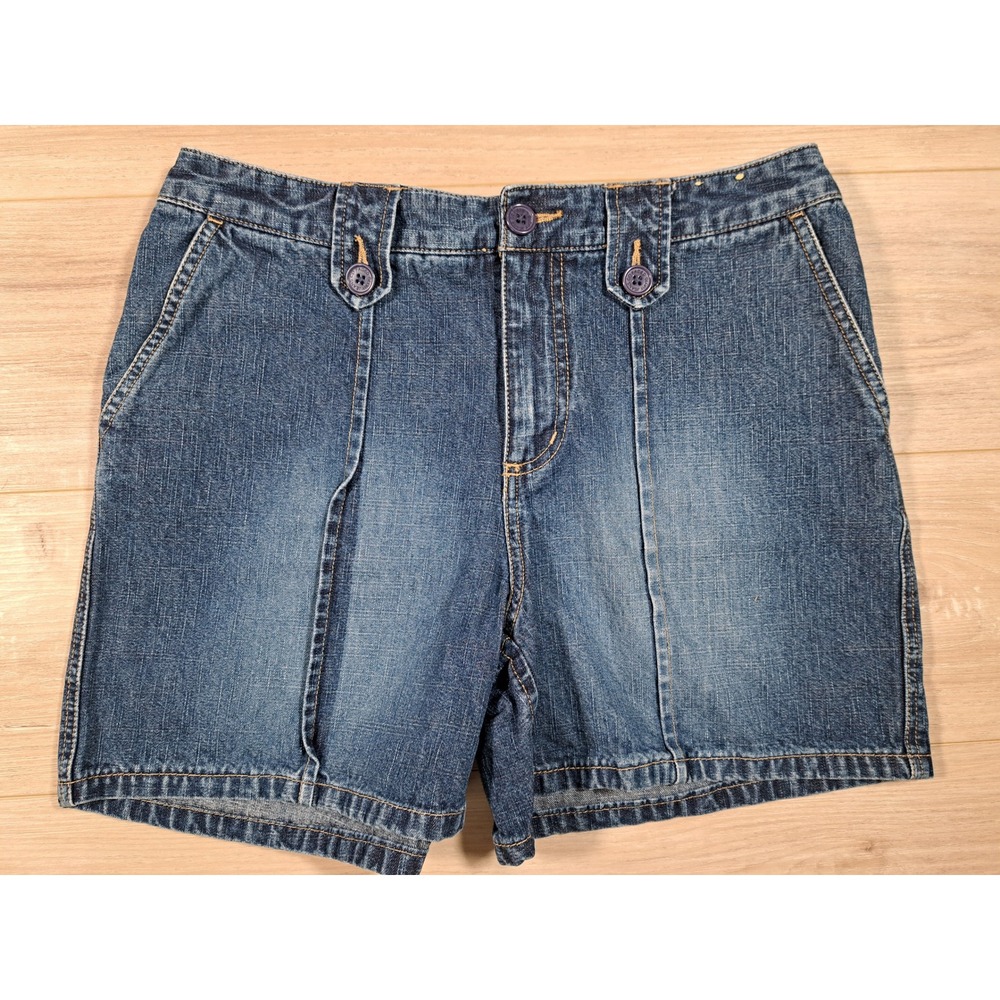 Faded Glory Womens Denim Shorts Size 10 Dark Wash Cotton Button Tab Front Blue